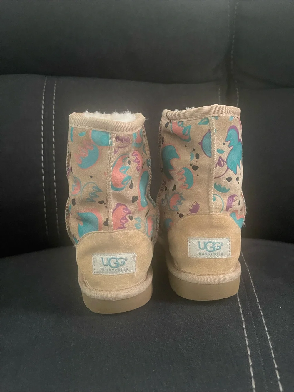 UGG Kids Tan Boots with Teal and Pink Pattern